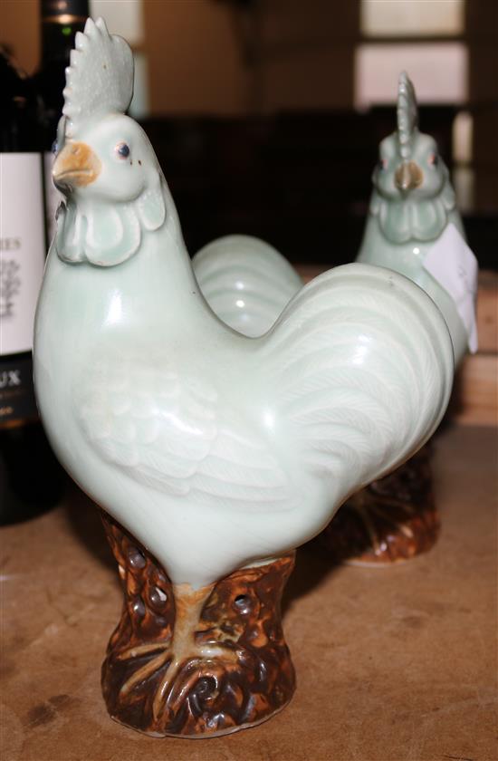 Pair Chinese celadon models of chickens